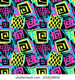 Sportswear print, youth seamless pattern, bright dynamic geometric motif, graffiti style of modern knitwear, swimwear, leggings