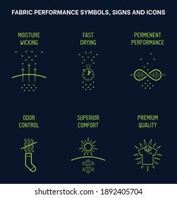 Sportswear Product And Fabric Feature Icons, Active Wear Performance Icons And Symbols For Sportswear Products And Garments, Fabric Properties And Textile  Special Feature Signs And Symbols Icon Set.