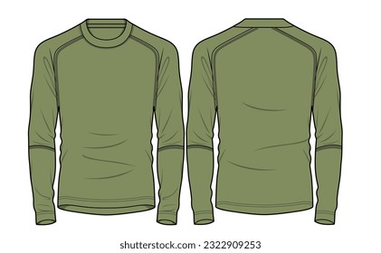 Camiseta de entrenamiento para mangas largas Raglan, vista frontal y posterior de la capa base Activewear. Ilustración de vectores de sketch plano de moda, CAD, dibujo técnico, plano plano, plantilla, mordaza.