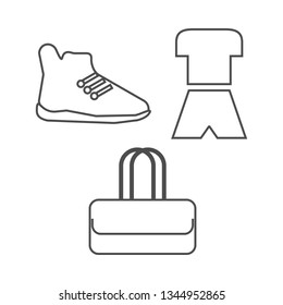 Sportswear, shoes and bag icon set. vector outline illustration on white background.