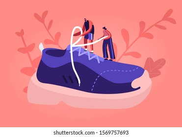 Sportswear and Shoes for Training Fashion Concept. Tiny Sportsman and Sportswoman Characters Tie Shoelaces on Huge Sneaker. People Buying and Wearing Sportive Footgear. Flat Vector Illustration svg