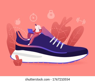 Sportswear and Smart Shoes for Training Concept. Tiny Sportsman Character Sitting with Laptop on Huge Sneaker. People Buying and Wearing Sportive Footgear, Technologies. Cartoon Vector Illustration