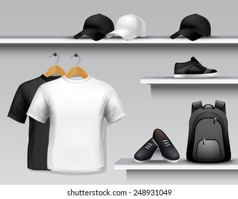 Sportswear store shelf with t-shirts bags caps and shoes vector illustration