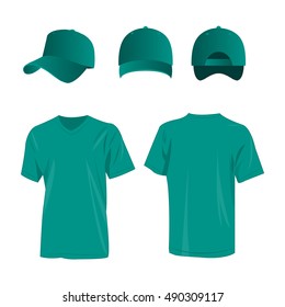 Sportswear teal color t-shirt and blue baseball cap vector set