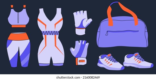 Sportswear for training and fitness. Sneakers, gloves, shorts and bra, jumpsuit, sports bag. Flat vector illustration isolated on dark background.