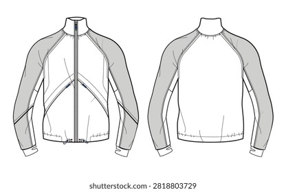 Sportswear Windbreaker Jacket Technical Flat Sketch Vector - Color Block Raglan Jacket Front and Back View