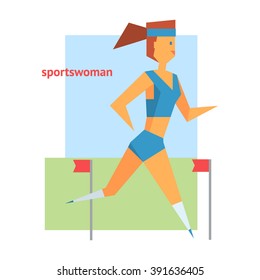 Sportswoman Abstract Running Figure Flat Vector Illustration  With Text