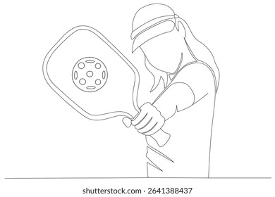Sportswoman in action pose holding racket in front of her ready to hit the ball. Hand drawn minimal vector illustration in black and white. 