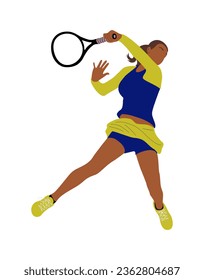 Sportswoman big tennis player in action vector colorful illustration. Professional sports female holding racket and hitting ball isolated on white background. Girl character in modern sportswear.