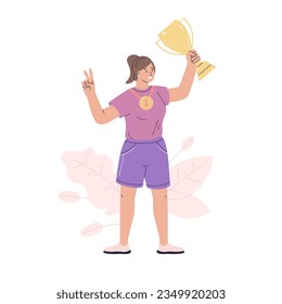 Sportswoman champion golden winner cup. Award prize, win award. Sport success, goal achievement celebration. Cartoon people character illustration. Leadership, archeivement, winning award trophy