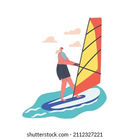 Sportswoman Character Sailing Summertime Water Sport Activity. Woman Riding Sea Waves by Sail, Relax at Summer Time Vacation, Leisure, Extreme Active Recreation. Cartoon People Vector Illustration