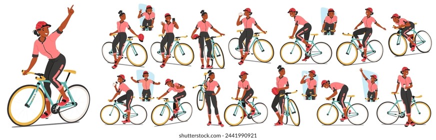 Sportswoman Cyclist Engages In Rigorous Training, Focusing On Endurance, Strength And Speed. Participate In Races, Conquer Challenging Terrains And Refine Techniques For Peak Performance, Vector Set