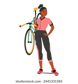 Sportswoman Cyclist Female Character, Clad In Professional Pink Uniform, Confidently Hoists her Bike, Displaying Strength, Determination, And Passion For The Ride. Cartoon People Vector Illustration