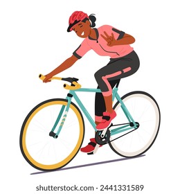 Sportswoman Cyclist Female Character Confidently Rides her Bike, While Flashing The Iconic Victory Gesture, Girl Exuding A Spirit Of Determination And Enthusiasm. Cartoon People Vector Illustration