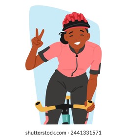 Sportswoman Cyclist Pedals With A Radiant Smile and Victory Gesture, Embodying Joy In Motion. Rhythmic Spin Of Wheels Mirrors The Happiness Radiating From The Rider Face. People Vector Illustration