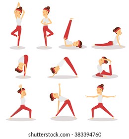 Sportswoman doing exercises. Set of poses. Vector illustration