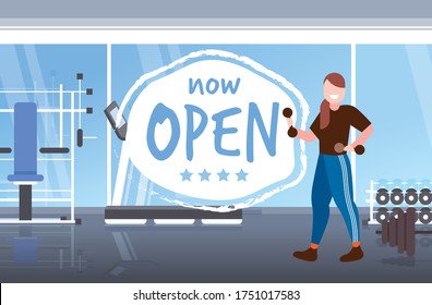 sportswoman doing physical exercises now open board coronavirus quarantine is ending workout concept sport gym interior horizontal full length vector illustration