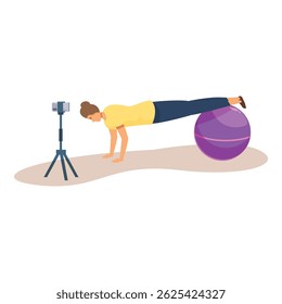 Sportswoman doing plank exercise with fitness ball and recording online course using smartphone on tripod