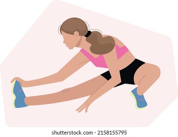 Sportswoman doing stretching. Isolated on white girl doing exercises vector illustration. Warm up before workout and running design element. Stretching muscles in flat cartoon style.