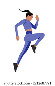 Sportswoman enjoying outdoor physical activity vector flat illustration. Happy girl in sportswear running isolated on white. Active female jogger having warm up before training