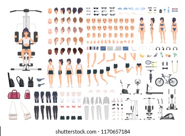 Sportswoman or fitness girl DIY kit. Set of woman's body parts, postures, sports equipment, exercise machines isolated on white background. Front, side and back views. Cartoon vector illustration.