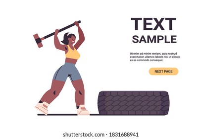 sportswoman hitting tire with hummer girl doing hard exercises working out in gym fitness training healthy lifestyle concept horizontal full length vector illustration