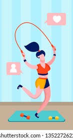 Sportswoman Jumping Rope Flat Vector Illustration. Young Woman Working out Cartoon Character. Home Workout, Fitness Channel. Online Sport Blog. Gym Mat with Dumbbells. Healthy Lifestyle