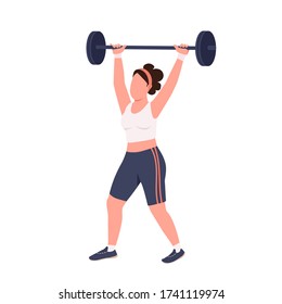 Sportswoman lifting barbell flat color vector faceless character. Amateur weightlifter workout isolated cartoon illustration for web graphic design and animation. Domestic bodybuilding exercise