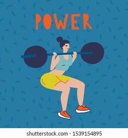 Sportswoman with motivating slogan. Cute vector illustration of woman doing exercise. Handwritten modern lettering for cards, posters, t-shirts, etc. Power