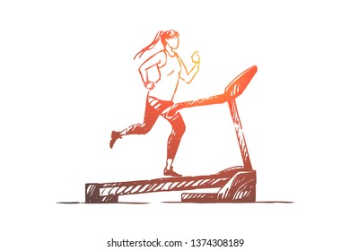 Sportswoman on running track, young woman using training apparatus for jogging, treadmill workout. Fitness exercise, sport club equipment concept sketch. Hand drawn vector illustration