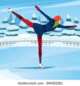 Sportswoman performs camel spin on ice rink - training and practice concept. Vector illustration