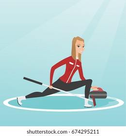 Sportswoman playing curling on a skating rink. Caucasian curling player with stone and broom. Curling player sliding on the ice and delivering a stone. Vector flat design illustration. Square layout.