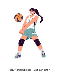 Sportswoman plays sports game. Professional volleyball player hits, bounces ball with hands. Happy girl in uniform training before competitions. Flat isolated vector illustration on white background