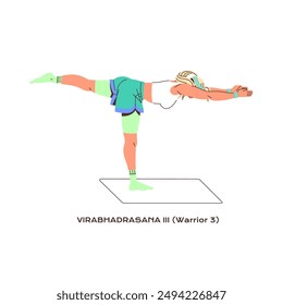 Sportswoman practices balance exercise, stands on one leg. Young woman training in warrior 3 pose. Athlete does yoga posture in sport workout. Flat isolated vector illustration on white background