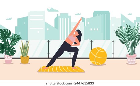 Sportswoman practices yoga training on rooftop terrace in megalopolis of fitness woman workout exercise, training yoga by sportswoman, vector illustration