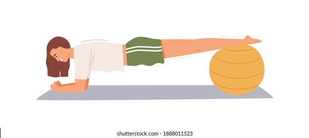 Sportswoman practicing plank exercise, putting legs on fitball vector flat illustration. Active strong woman doing fitness workout on mat at home or gym isolated. Female enjoying sports exercising