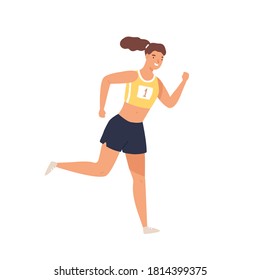 Sportswoman professional runner jogging vector flat illustration. Smiling athletic woman in sportswear running isolated on white. Positive female enjoying physical activity and healthy lifestyle