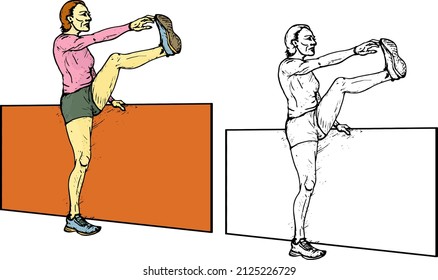 Sportswoman raise her leg to stretch her hamstring. Hand drawn vector illustration.