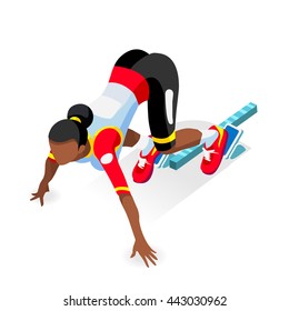 Sportswoman run Sprinter Runner Athlete at Starting Line Stadium lane Icon Set. 3D Flat Isometric Sport event Athletics race woman Runner african american Athlete Starting Blocks Infographic Vector