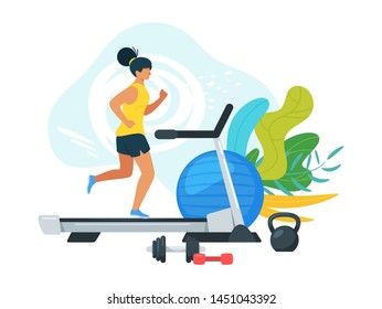 Sportswoman running on treadmill cartoon illustration. Getting in shape, improving health flat vector concept. Woman exercising at home, gym character. Practicing before running competition