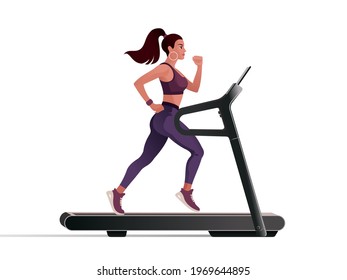 Sportswoman running on a treadmill in a fitness center. Vector isolated illustration for landing page mockup design or advertising banner.