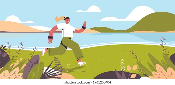 sportswoman running outdoor girl spending time without gadgets digital detox healthy lifestyle concept abandoning internet and social networks landscape background horizontal full length vector