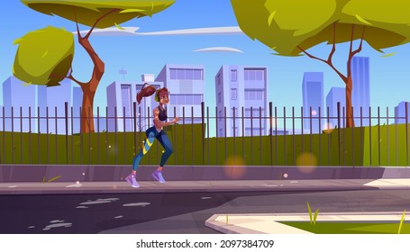 Sportswoman running in summer city park. Fit girl in headset gain sports jogging activity, outdoor exercising. Healthy lifestyle, training, workout athlete woman jog, Cartoon vector illustration