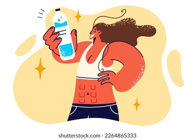 Sportswoman with slender body and cubes on stomach shows bottle of water to quench thirst after morning run. Sportswoman with drinking water takes breather while participating in marathon in sprint 