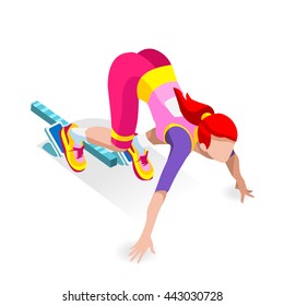 Sportswoman Sprinter Runner Athlete at Starting Line Stadium lane Icon Set. 3D Flat Isometric Athletics race event woman Runner Athlete at Starting Blocks. Businesswoman Sport Infographic Vector Image