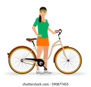 Sportswoman standing with a bicycle on a white background. Sport characters. Healthy lifestyle concept. Vector illustration...