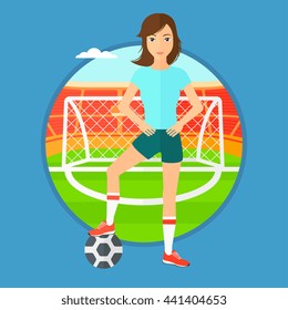 Sportswoman standing with football ball on the football stadium. Professional football player with a soccer ball on the field. Vector flat design illustration in the circle isolated on background.