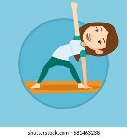Sportswoman standing in yoga triangle pose. Caucasian sportswoman meditating in yoga triangle position. Woman doing yoga on mat. Vector flat design illustration in the circle isolated on background.