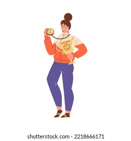 Sportswoman took first place in competition, holding golden cup and medal - flat vector illustration isolated on white. Happy character won sport championship. Concepts of achievements and success.