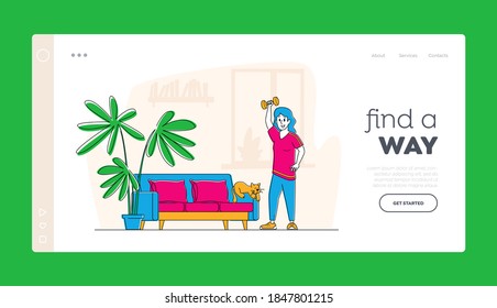 Sportswoman Training at Home with Dumbbells Landing Page Template. Female Character Workout with Weight. Fitness Exercise, Sport Activity, Weight Loss Gymnastics. Linear People Vector Illustration